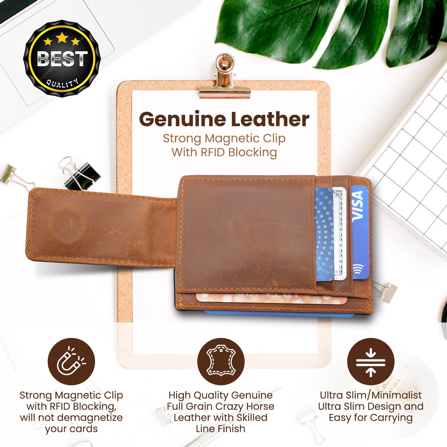 Leather Magnetic Money Clip Wallet